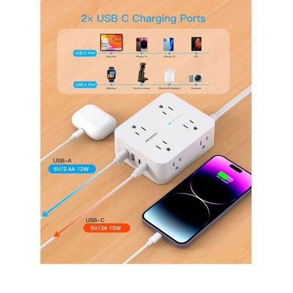Surge Protector Extension Cord 5 Ft Ultra Thin Flat Plug 8 Outlet 4 USB Ports S1 - Picture 4 of 8